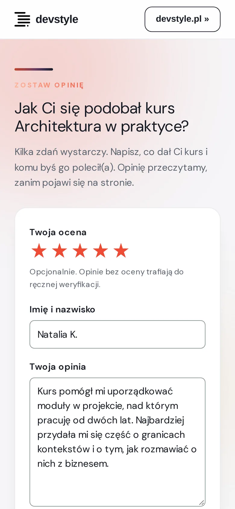 Formularz opinii devstimonials na telefonie